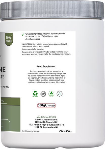 Vitadefence® Creatine Monohydrate powder in a round silver pot, unflavoured, 500g food supplement for muscle support