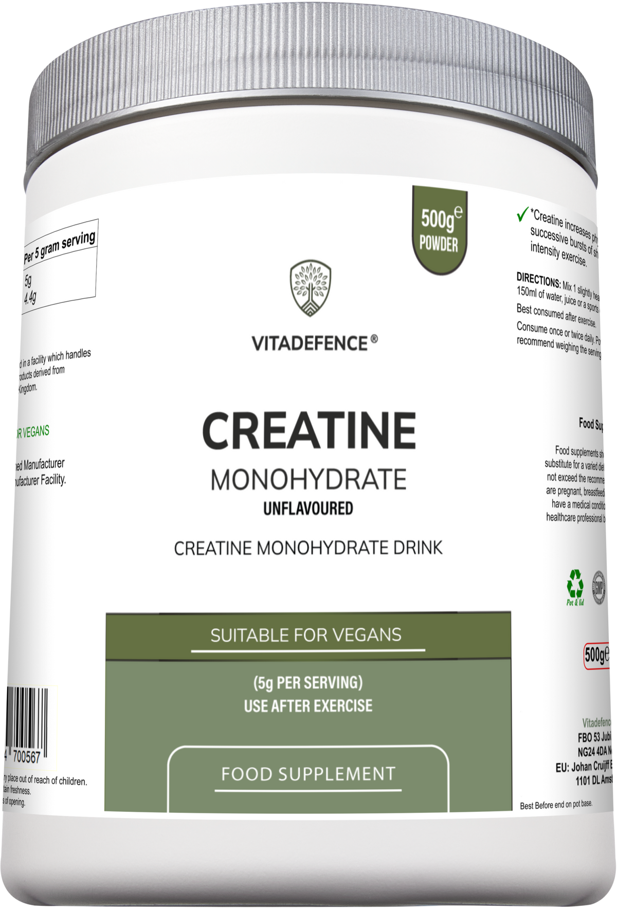 Vitadefence Creatine Monohydrate powder in a silver round pot, 500g, unflavored sports supplement for muscle support.