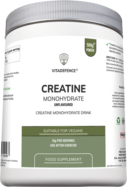 Vitadefence Creatine Monohydrate powder in a silver round pot, 500g, unflavored sports supplement for muscle support.