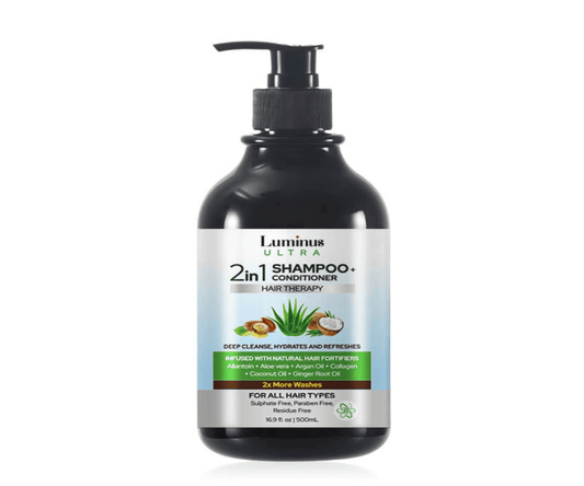 Luminus LLC 2-in-1 shampoo and conditioner for all hair types, showing the bottle with label and product details.