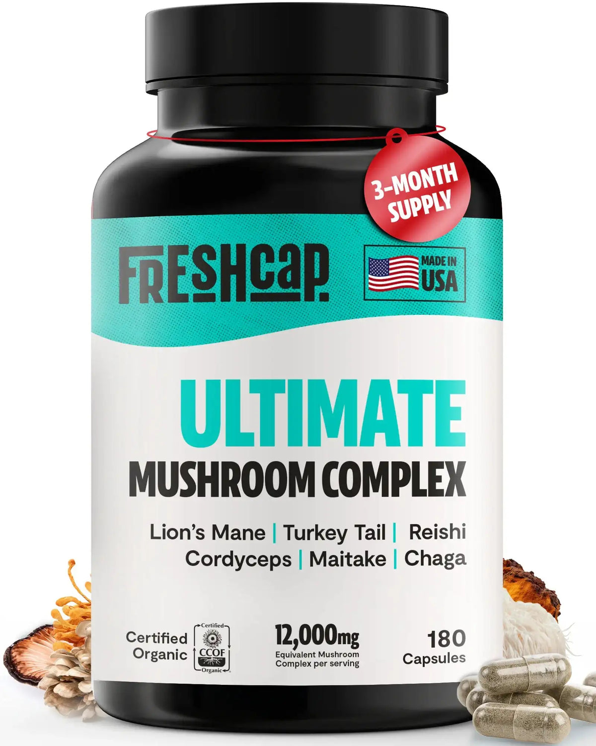 FreshCap Mushrooms Organic Mushroom Complex supplement capsules with a UMC tag, showcasing the product capsules in a natural setting.