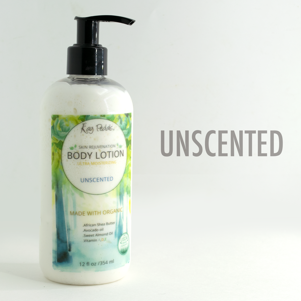 Unscented Natural Organic Body Lotion in a white pump bottle with green and blue botanical design, moisturizing formula.