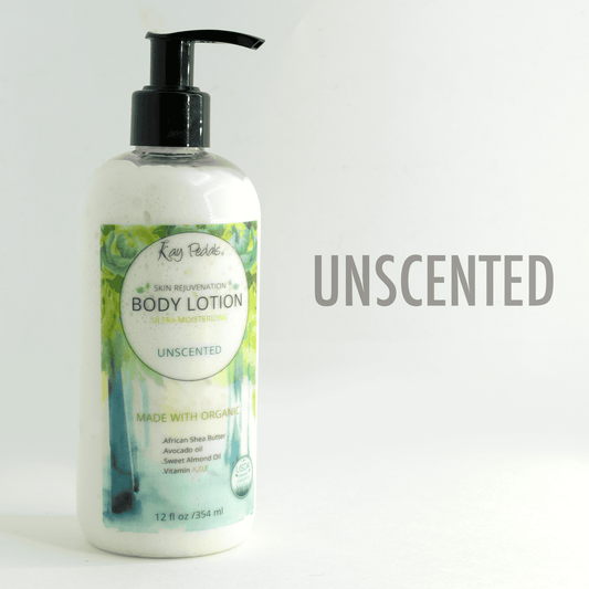 Unscented natural organic body lotion in a 12oz bottle by Kay Pedals, showing the plain white lotion container.