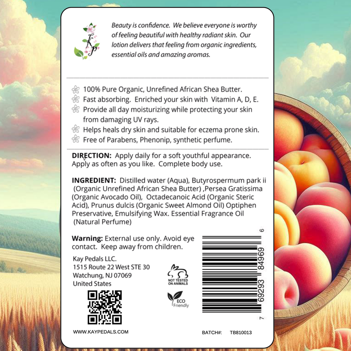 White lotion bottle label with black text detailing ingredients, directions, and benefits for Ginger Peach Organic Body Lotion, including USDA organic shea butter and oils.