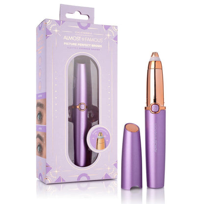 Perfect Brows Eyebrow Trimmer in metallic purple with rose gold accents, compact with precision LED tip for detailed grooming.