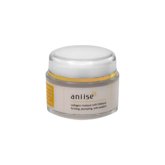 Aniise Collagen Facial Mask with Hibiscus, hydrating skincare mask for glowing skin, in a jar with hibiscus flowers.