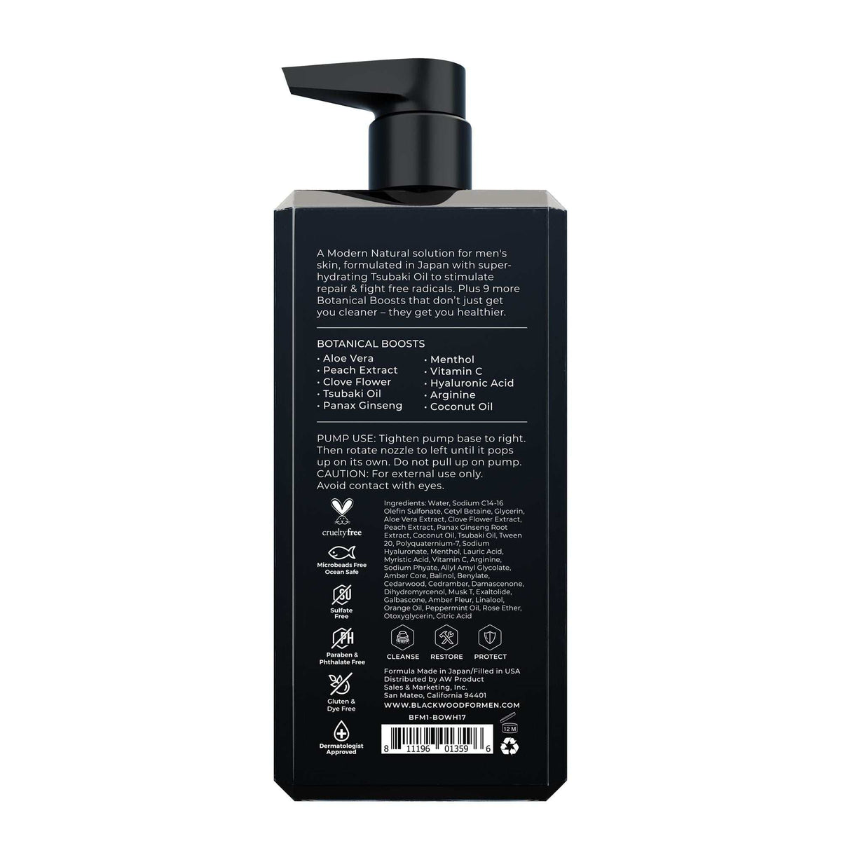 Pure Moisture Body Wash in black rectangular bottle with pump, featuring detailed botanical ingredient list and usage instructions on label.
