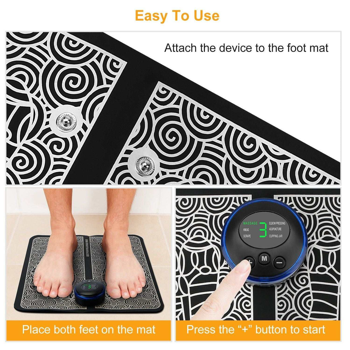 Doba EMS foot massage pad with electric stimulator, showing the rechargeable leg massager unit on a wooden floor.