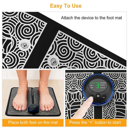 Doba EMS foot massage pad with electric stimulator, showing the rechargeable leg massager unit on a wooden floor.