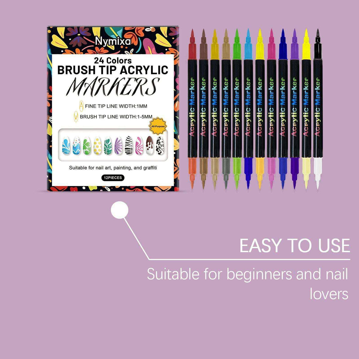Doba Nymixa double-ended nail art graffiti pen set with bright colors, quick-drying ink, ideal for beginners and easy application.
