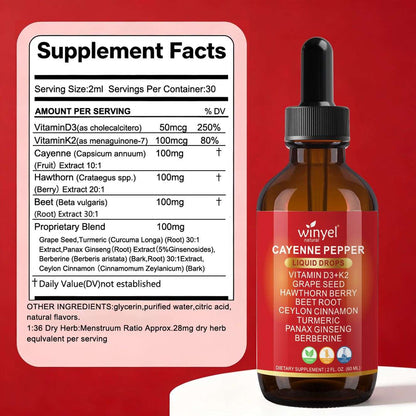 Doba WINYEL Cayenne Pepper Drops herbal supplement bottle with cayenne pepper, hawthorn berry, turmeric, cinnamon, and other natural ingredients.