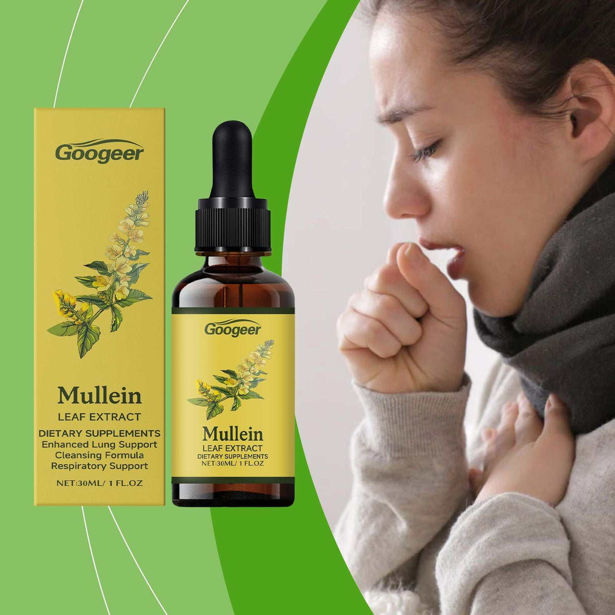 Doba Googeer Mullein Leaf Lung Clearing Drops in a glass dropper bottle, dietary supplement for respiratory health.