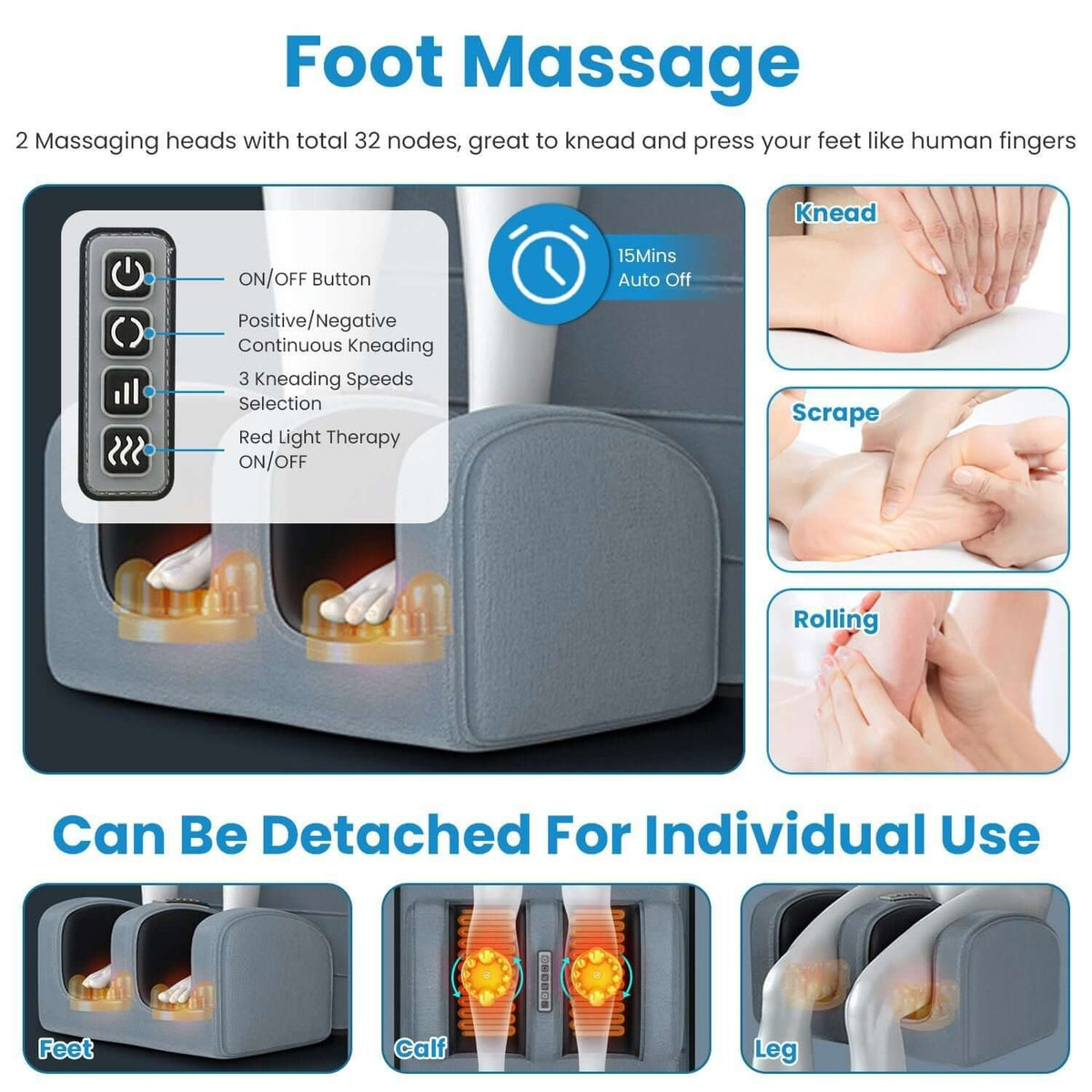 Foot massager in grey fabric with two kneading heads featuring 32 nodes, heating, and multiple massage modes, part of a Full Body Electric Massage set.