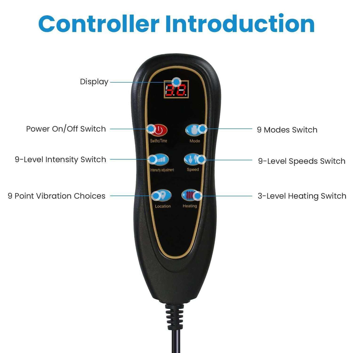 Full Body Electric Massage mat black wired controller with buttons and digital display for mode, speed, intensity, heating, and timer settings.