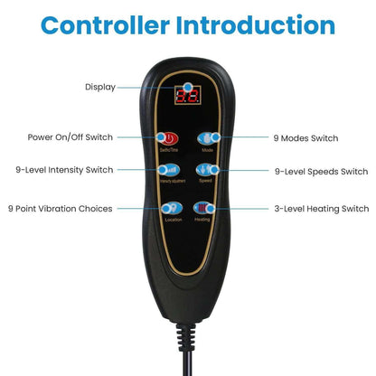 Full Body Electric Massage mat black wired controller with buttons and digital display for mode, speed, intensity, heating, and timer settings.