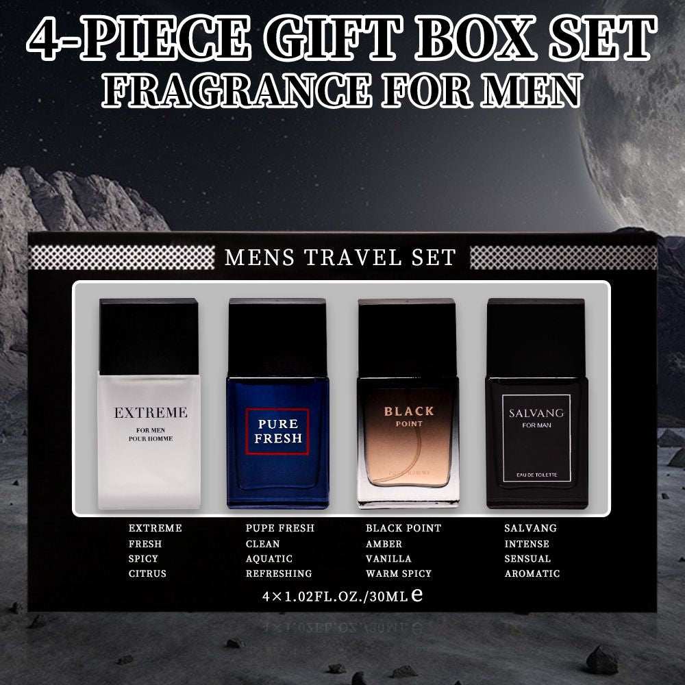 Doba men's 4-piece eau de toilette spray gift set with four different fragrances in 1.02 fl oz bottles, ideal for holidays and daily wear.