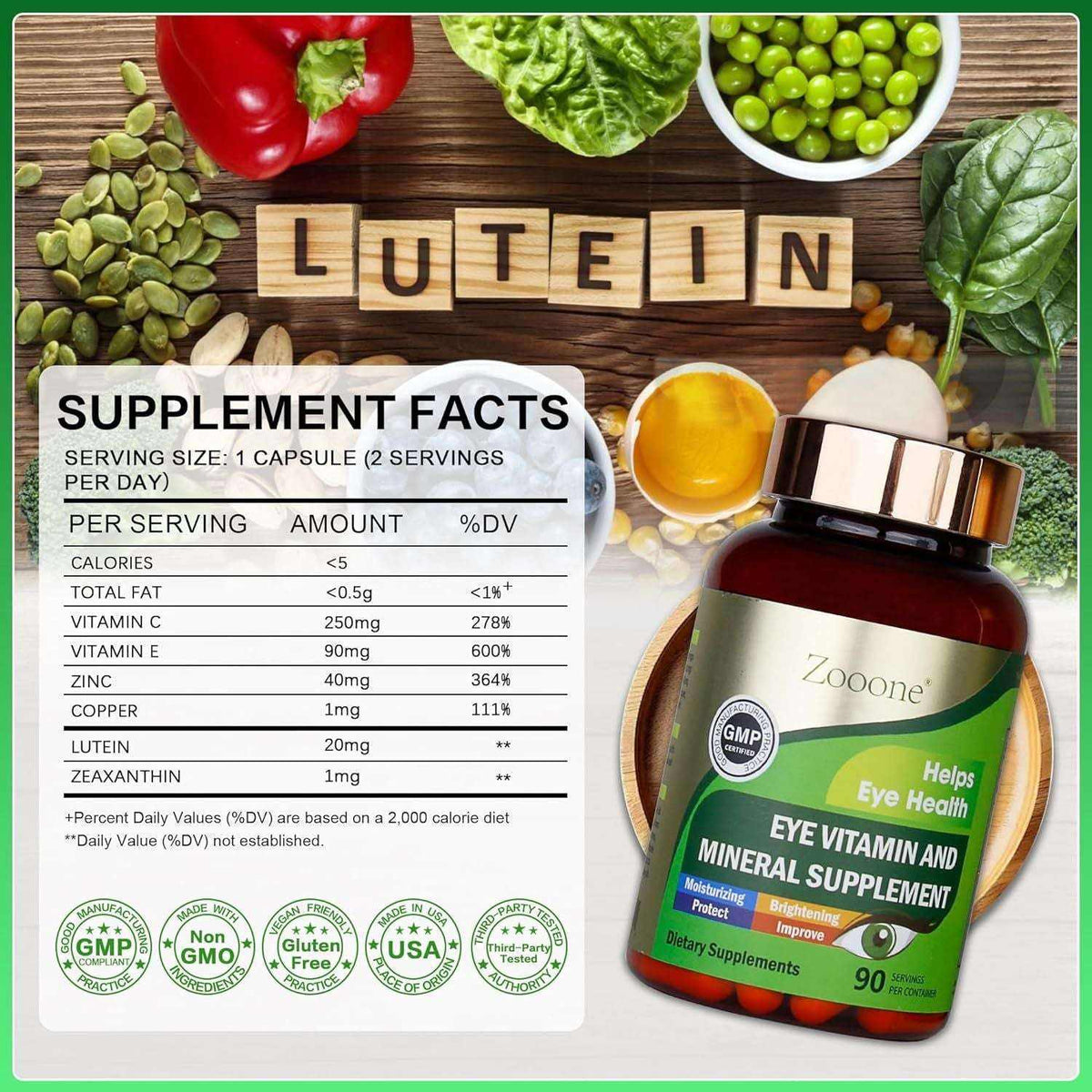 Doba Zooone eye vitamins with lutein, zeaxanthin, vitamin C, E, zinc, and copper in a bottle of 90 capsules for eye health.