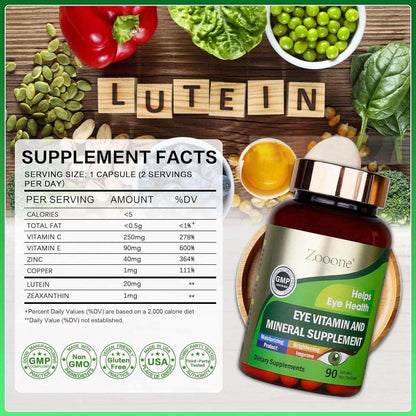 Doba Zooone eye vitamins with lutein, zeaxanthin, vitamin C, E, zinc, and copper in a bottle of 90 capsules for eye health.