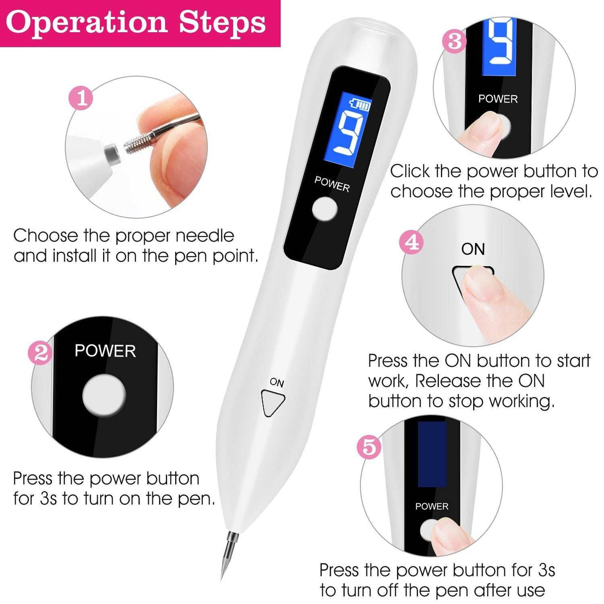 Doba Skin Tag Repair Kit with LCD display, portable design, USB charging, adjustable levels, and six replaceable needles for home use.