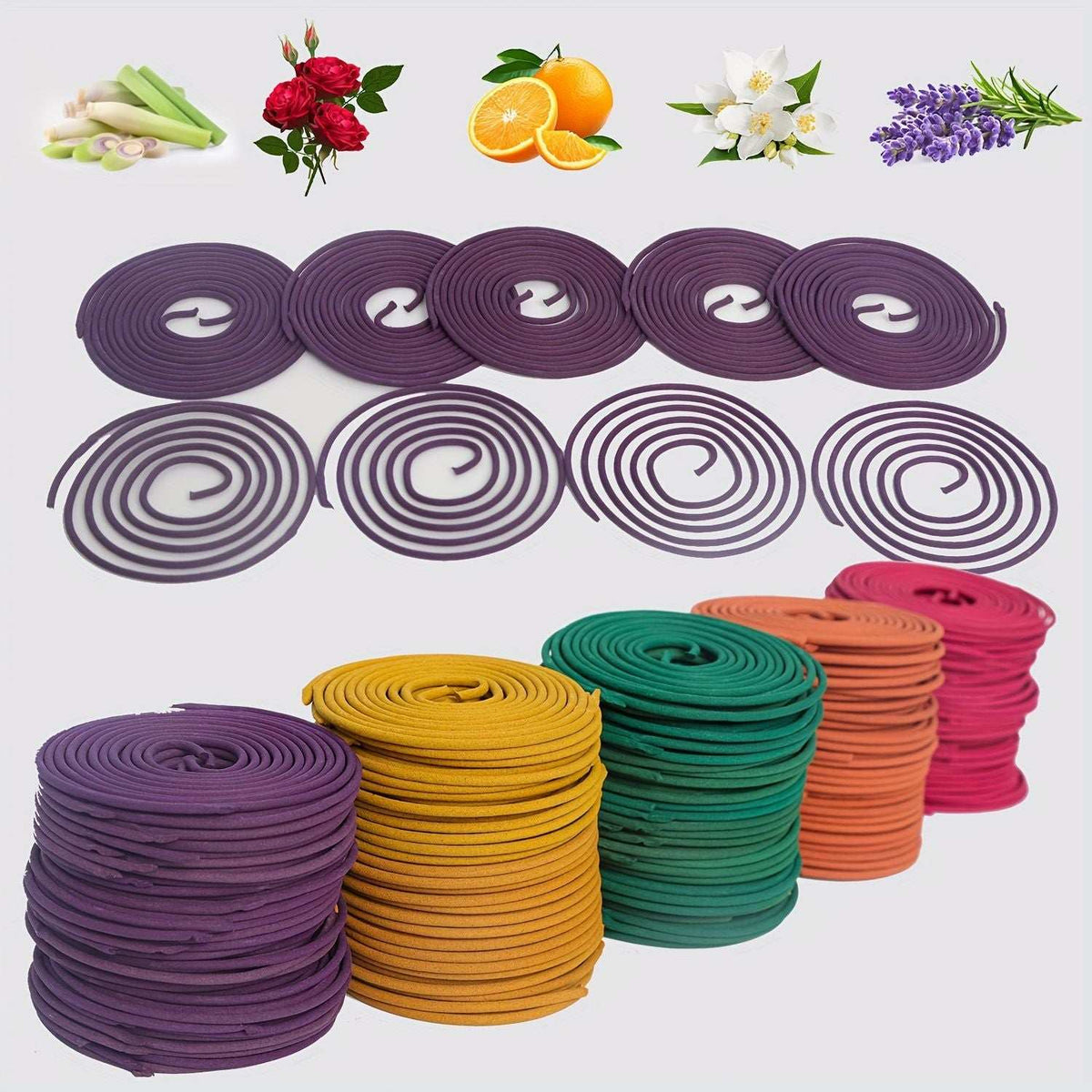 Set of 50 Doba spiral incense coils in lemongrass, rose, jasmine, lavender, and orange for aromatherapy, meditation, and air purification.