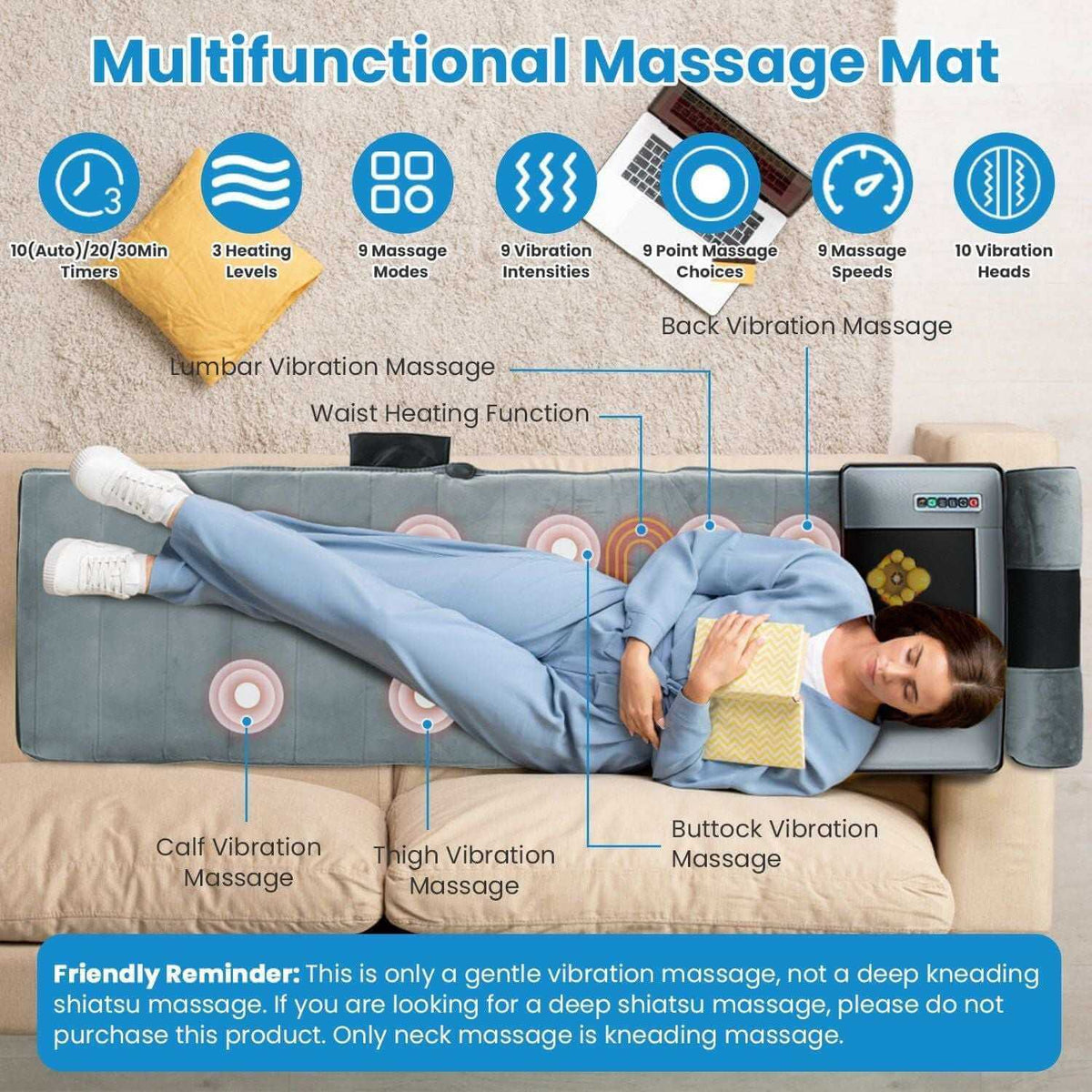 Full body electric massage mat with multifunctional features for relaxing vibrations and heating therapy.