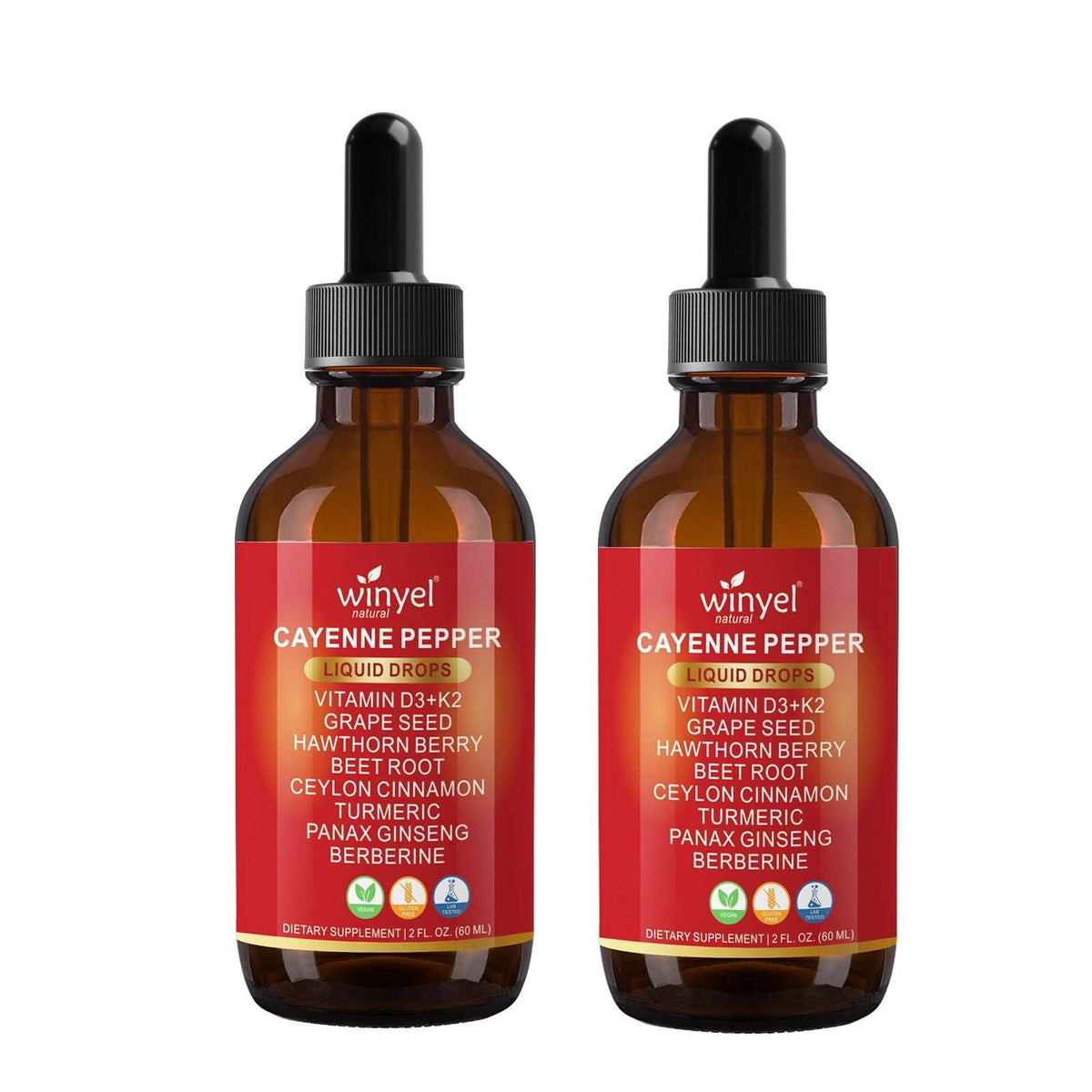 Doba WINYEL Cayenne Pepper Drops herbal supplement bottle with ingredients like hawthorn berry, beet root, turmeric, and cinnamon.