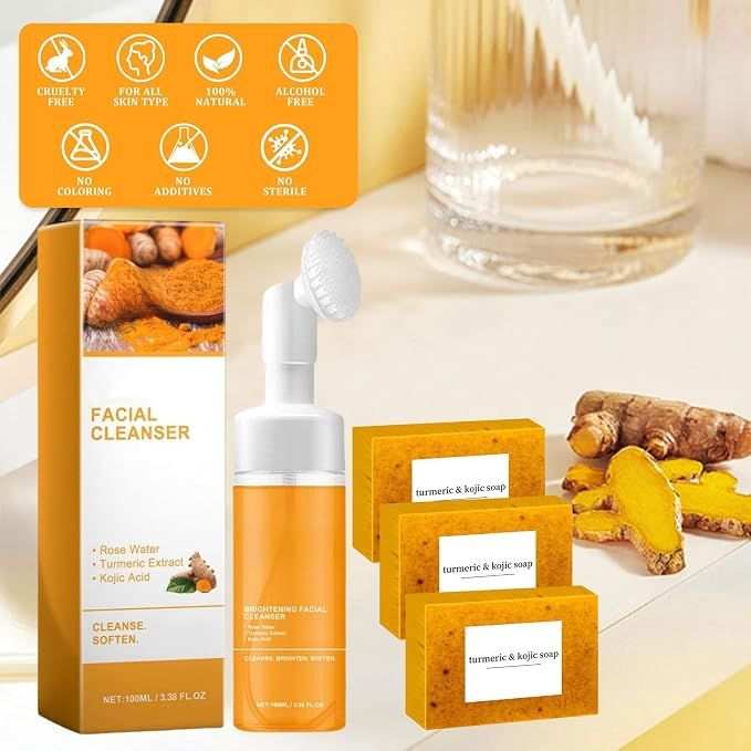 Turmeric Soap & Turmeric Face Wash Set with orange facial cleanser bottle and matching turmeric and kojic soap bars for skin care