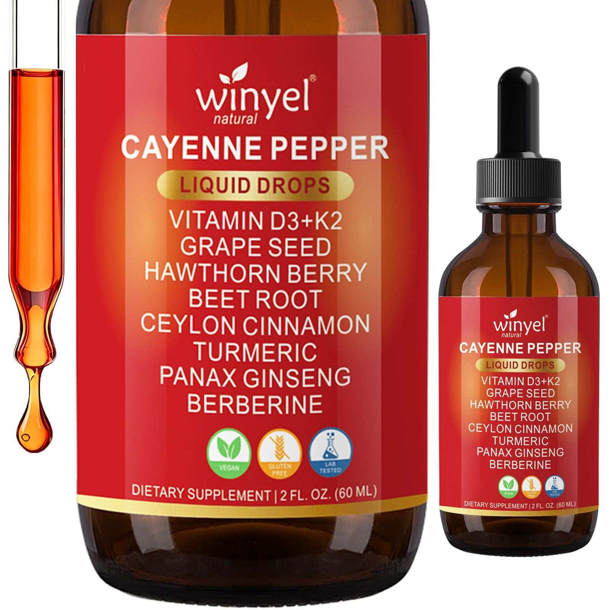 Doba WINYEL Cayenne Pepper Drops herbal supplement bottle with ingredients like Hawthorn Berry, Beet Root, Ceylon Cinnamon, Turmeric, and Berberine.