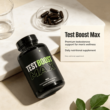 Herbal Blend Nutritional Capsules in a black bottle with green and white text, containing dark brown easy-swallow capsules for men’s wellness.