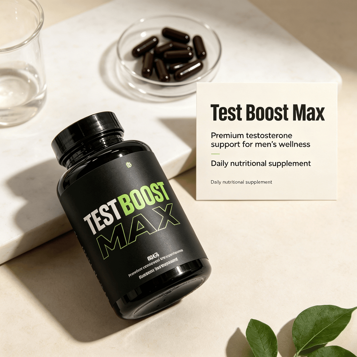 Herbal Blend Nutritional Capsules in a black bottle with green and white text, containing dark brown capsules for men's wellness support.