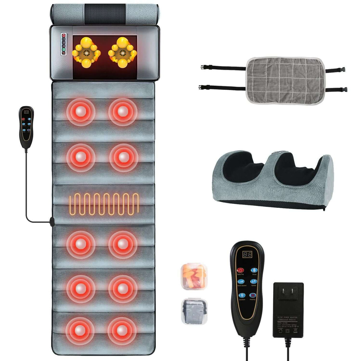 Full Body Electric Massage grey velvet mat with heating, vibration nodes, detachable neck and foot massagers, pillows, remote control, and earplugs.