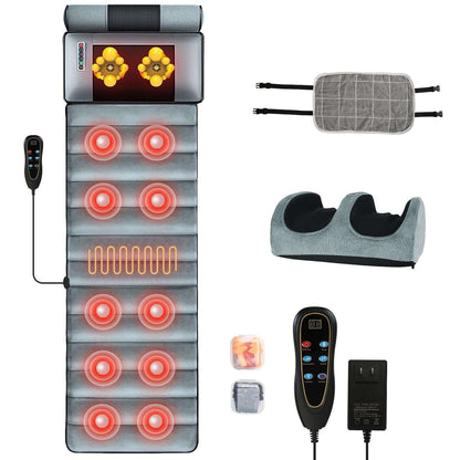 Full Body Electric Massage grey velvet mat with heating, vibration nodes, detachable neck and foot massagers, pillows, remote control, and earplugs.