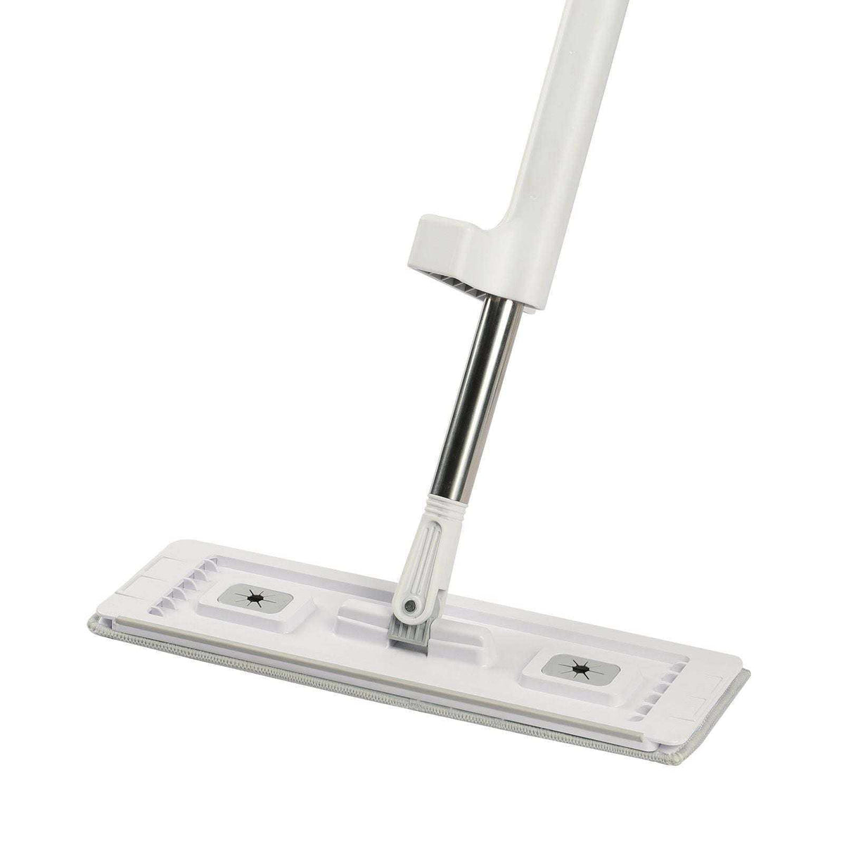 Doba microfiber flat mop with stainless steel handle and four washable pads for dry and wet floor cleaning on hardwood, laminate, tile, and vinyl.