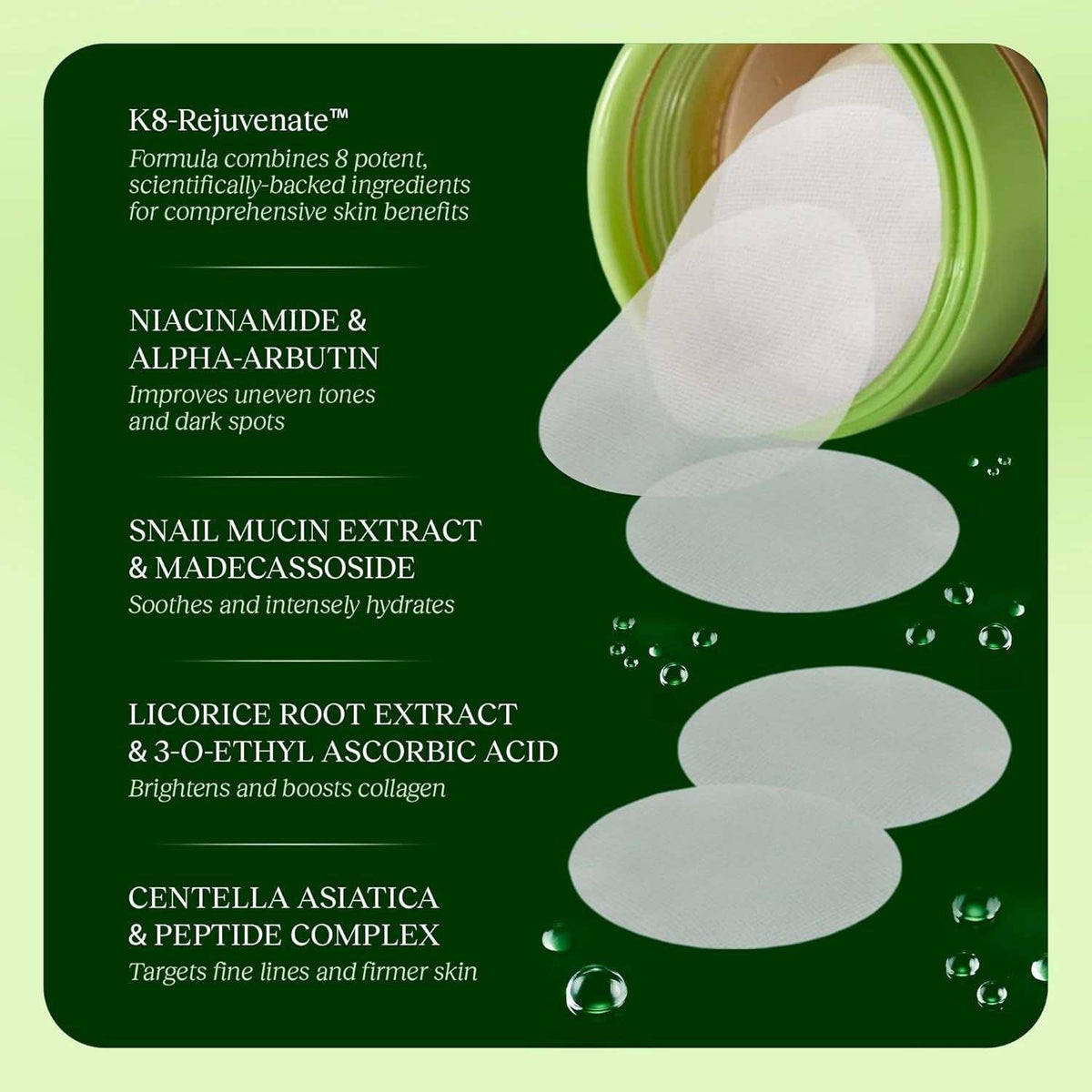 Doba JiYu Toning Polish Pads for Korean skincare, featuring snail mucin, niacinamide, peptides, and centella for brightening and hydrating.