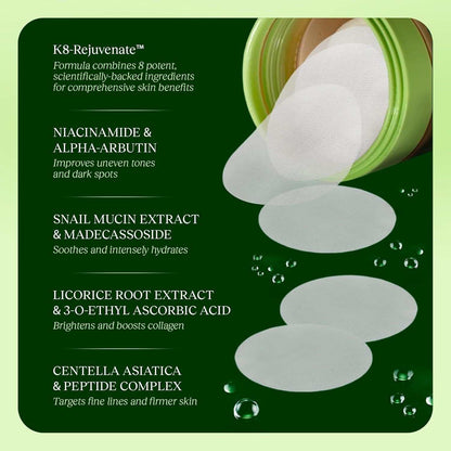 Doba JiYu Toning Polish Pads for Korean skincare, featuring snail mucin, niacinamide, peptides, and centella for brightening and hydrating.