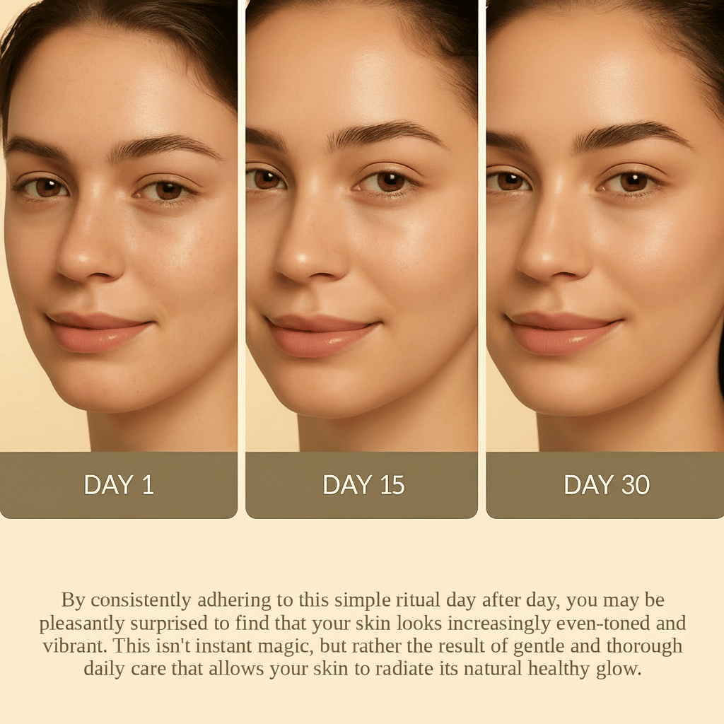 Three side-by-side portraits showing a woman's clear, glowing skin progression from day 1 to day 30 with Natural Turmeric Soap skincare routine.