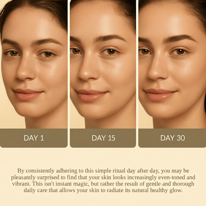 Three side-by-side portraits showing a woman's clear, glowing skin progression from day 1 to day 30 with Natural Turmeric Soap skincare routine.