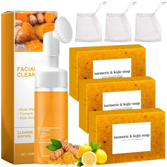 Turmeric Soap & Turmeric Face Wash Set featuring three orange turmeric & kojic soap bars, facial cleanser with brush, and three white mesh bags