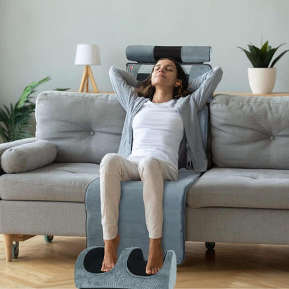 Full Body Electric Massage mat in grey velvet with detachable neck massager, foot massager, head pillow, and inflatable lumbar pillow.