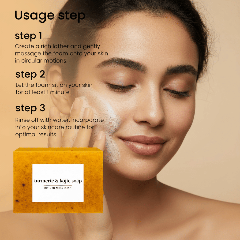 Natural Turmeric Soap brightening bar in yellow-orange with dark specks, shown with a woman gently applying foam on her face.
