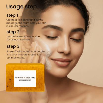 Natural Turmeric Soap brightening bar in yellow-orange with dark specks, shown with a woman gently applying foam on her face.