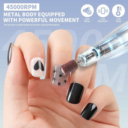 Portable Doba electric nail drill with rechargeable cordless design, showing the compact nail file kit with drill bits for manicures.