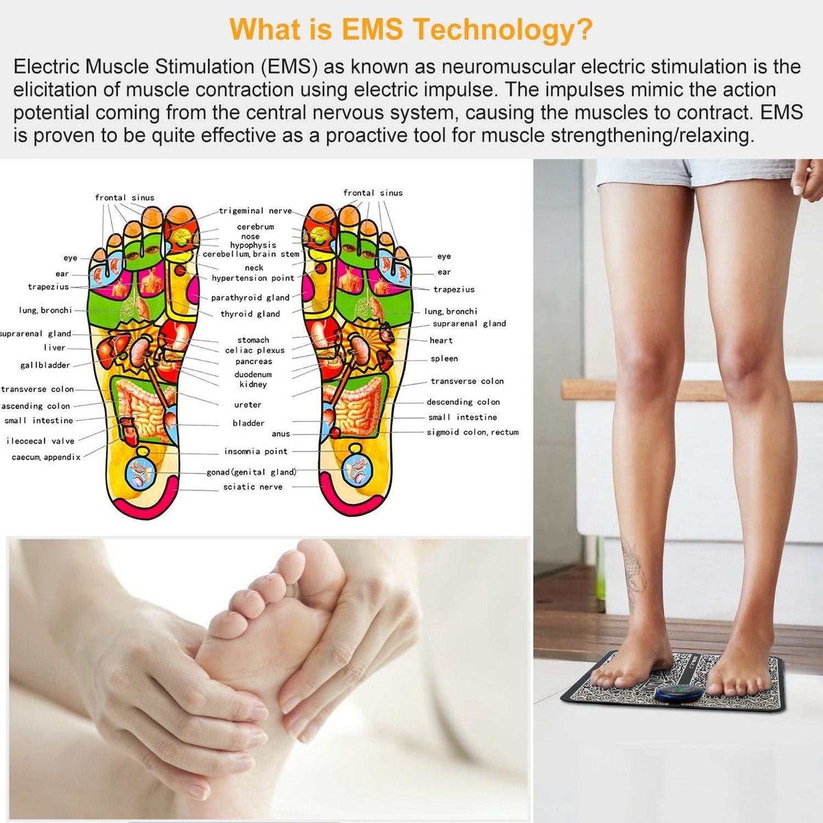 Doba EMS foot massage pad with electric stimulator, rechargeable unit for leg muscle relaxation and pain relief.