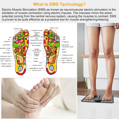 Doba EMS foot massage pad with electric stimulator, rechargeable unit for leg muscle relaxation and pain relief.