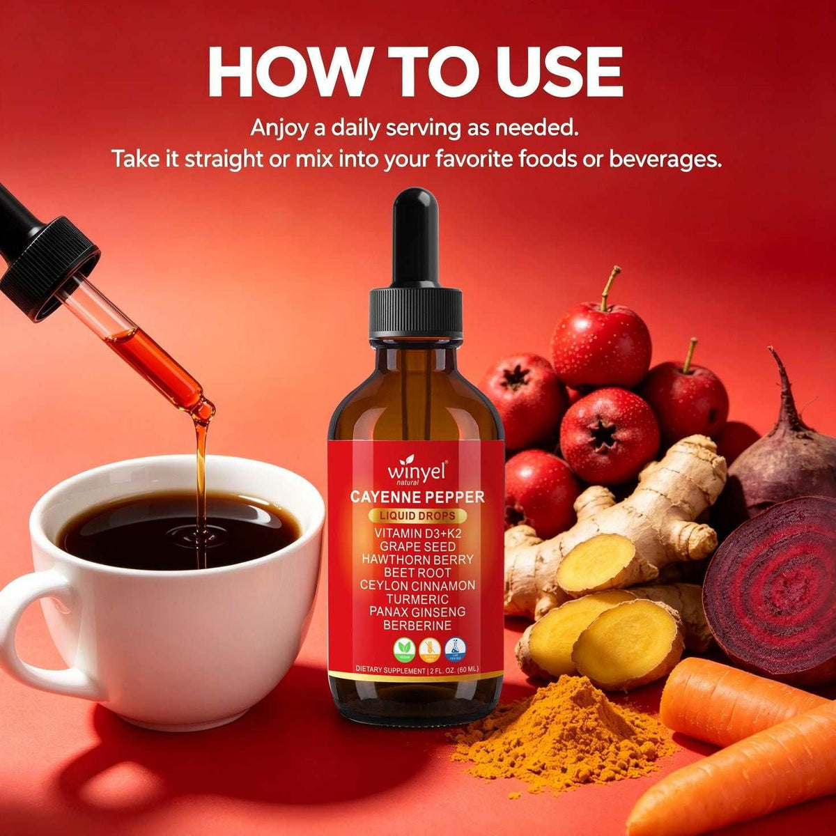 Doba WINYEL Cayenne Pepper Drops herbal supplement bottle with ingredients label and dropper cap, 60ML size.