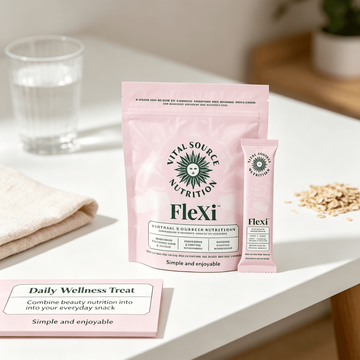 Collagen & Biotin Nutrition Bars in pink resealable pouch and individual wrapper with white text, promoting daily wellness treat.