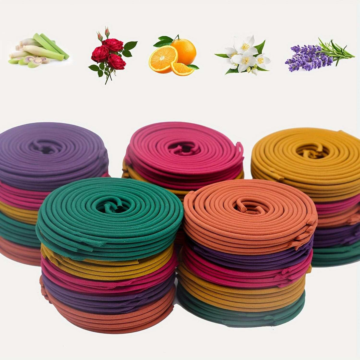 Set of 50 Doba spiral incense coils in lemongrass, rose, jasmine, lavender, and orange for aromatherapy, yoga, and meditation.