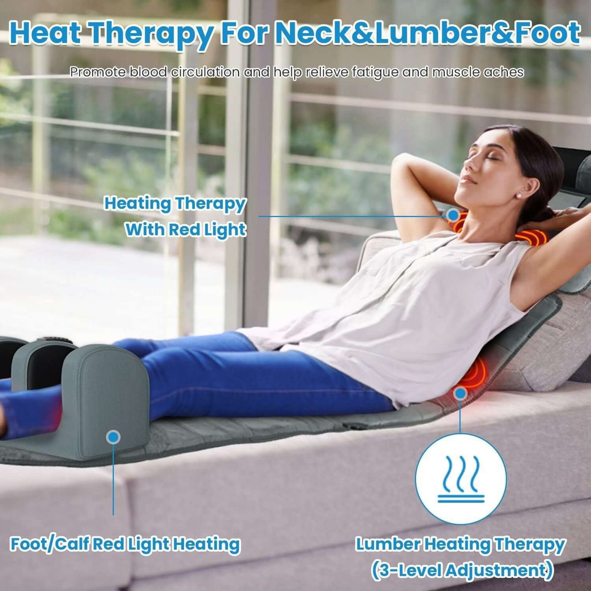 Full Body Electric Massage grey velvet mat with detachable neck, lumbar, and foot heating pads featuring red light therapy and adjustable settings.