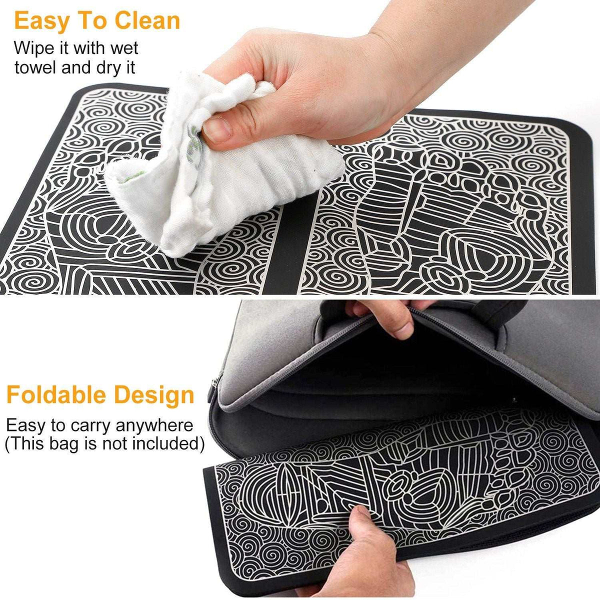 Doba EMS foot massage pad with electric stimulator, showing a rechargeable leg massager unit for muscle pain relief and relaxation.