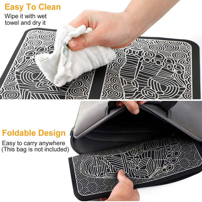 Doba EMS foot massage pad with electric stimulator, showing a rechargeable leg massager unit for muscle pain relief and relaxation.